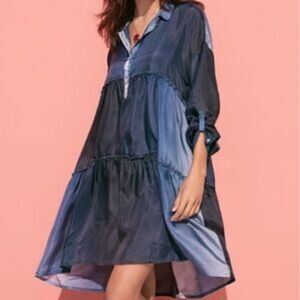 Johnny Was Pete & Greta Blue Ombré Silk Tiered Tunic Dress XS